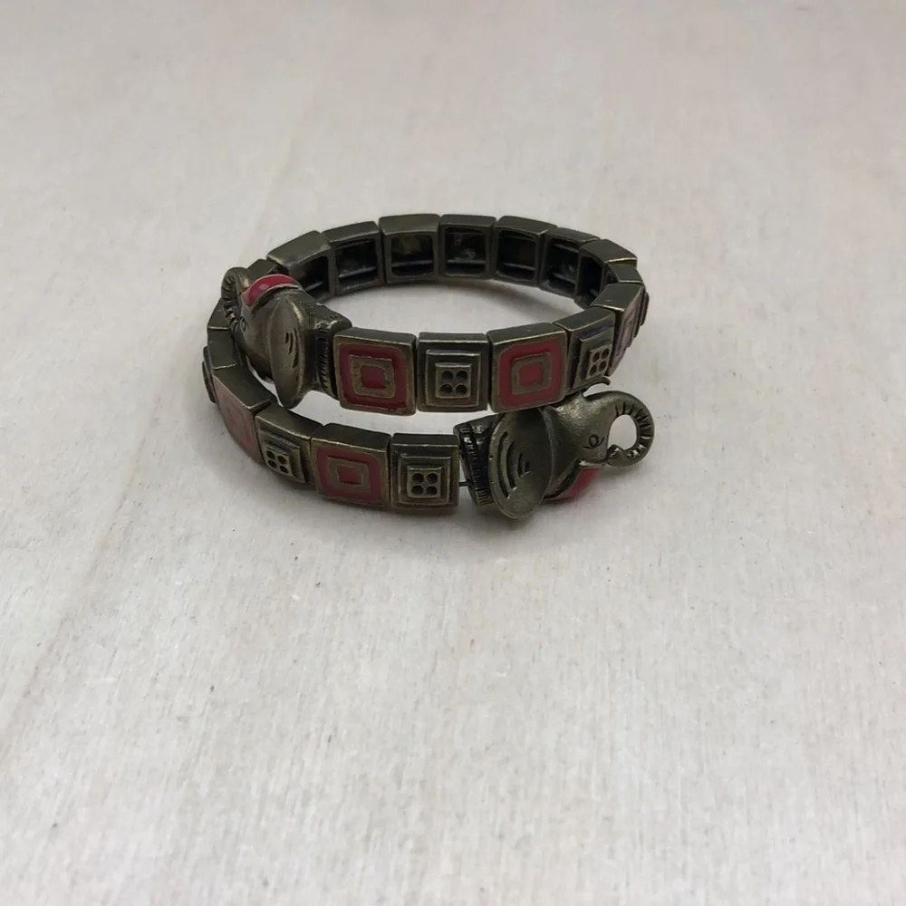 Vintage elephant memory coil brass and enamel bracelet small wrist 6.5
